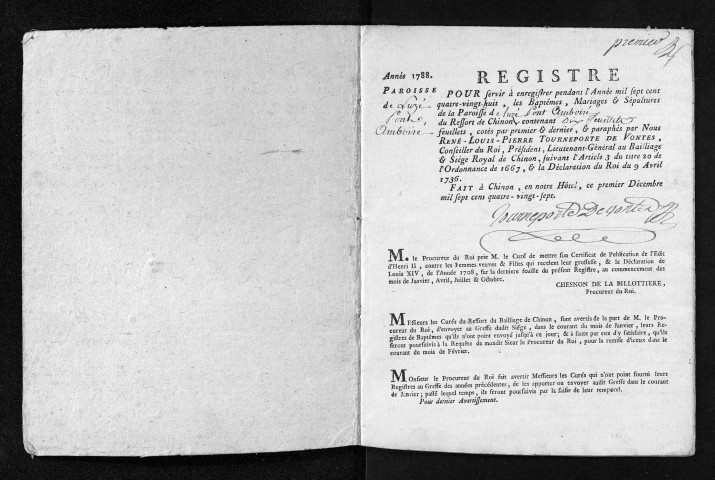 Collection du greffe. Baptêmes, mariages, sépultures, 1788