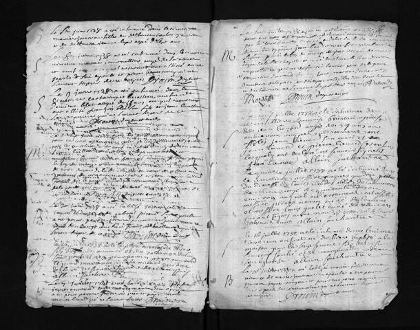 Collection du greffe. Baptêmes, mariages, sépultures, mai 1738-février 1740