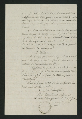 Arrêté préfectoral autorisant M. Conty à porter à 4 mètres la largeur de l'orifice de la vanne motrice du moulin des Rives (27 octobre 1830)