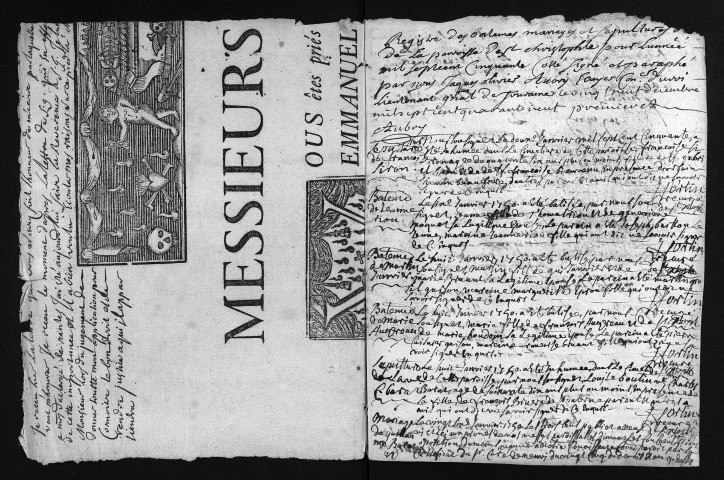 Collection du greffe. Baptêmes, mariages, sépultures, 1750