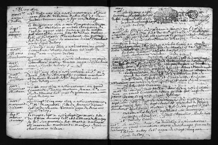 Collection du greffe. Baptêmes, mariages, sépultures, 1692 - Les années 1682-1691 sont lacunaires dans cette collection