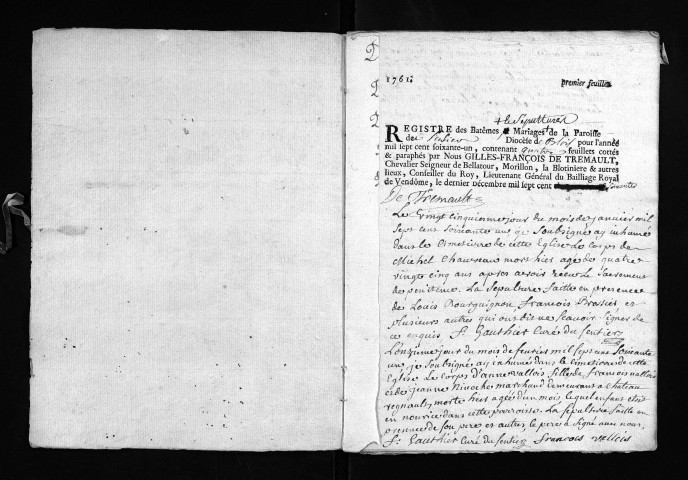 Collection du greffe. Baptêmes, mariages, sépultures, 1761