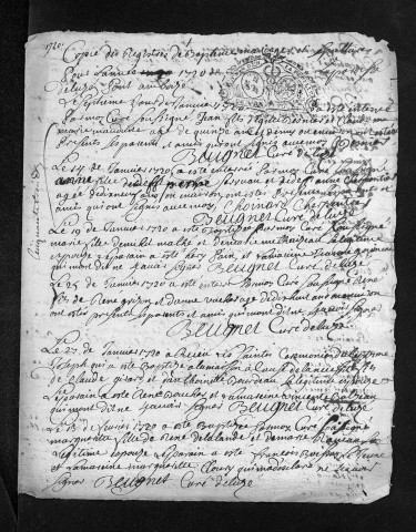 Collection du greffe. Baptêmes, mariages, sépultures, 1720