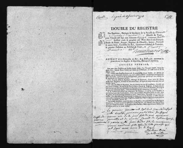 Collection du greffe. Baptêmes, mariages, sépultures,1777