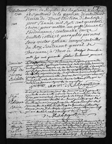 Collection du greffe. Baptêmes, mariages, sépultures, 1741