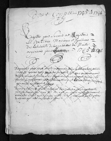 Collection du greffe. Baptêmes, mariages, sépultures, 1745-1746 - L'année 1744 est lacunaire dans cette collection