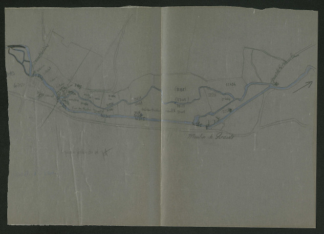 Plan calque parcellaire des prairies entourant le moulin (1967)