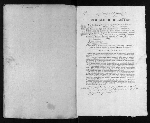 Collection du greffe. Baptêmes, mariages, sépultures, 1773