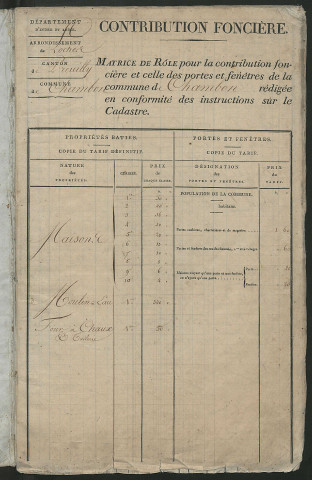 Matrice de rôle pour la contribution foncière et celle des portes et fenêtres, art. 1 à 157 (1819-1820).