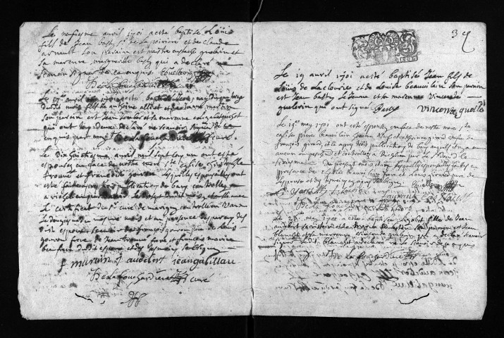 Collection du greffe. Baptêmes, mariages, sépultures, 1701