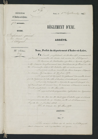Arrêté portant règlement hydraulique des usines situées sur la rivière de l'Estrigueil (1er septembre 1860)