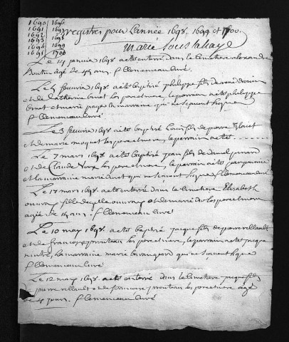 Collection du greffe. Baptêmes, mariages, sépultures, 1690-1700 - Les années 1677-1689 sont lacunaires dans cette collection