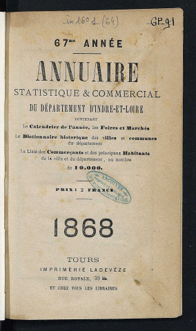 Annuaire statistique et commercial du département de l'Indre-et-Loire - 1868.