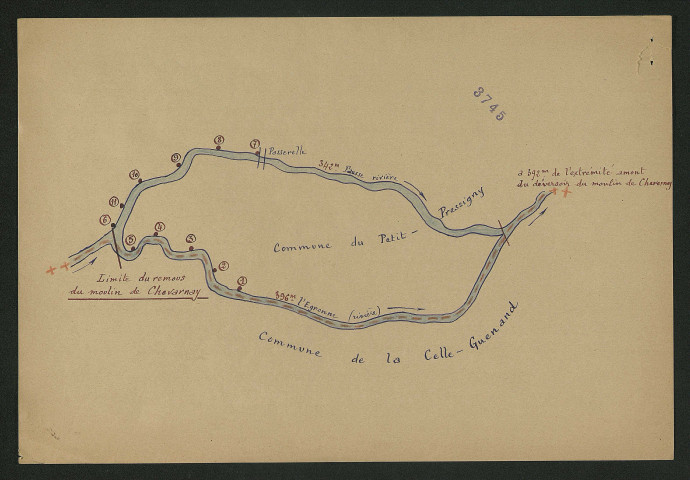 Procès-verbal de délimitation du remous avec plan de la rivière en amont du moulin (13 avril 1938)