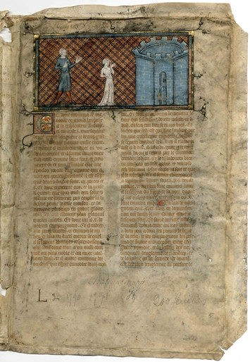 Fragment d'un manuscrit du début du 15e siècle réutilisé comme couverture d'un registre des délibérations de Châteaurenault (cote AD37 :2I2)