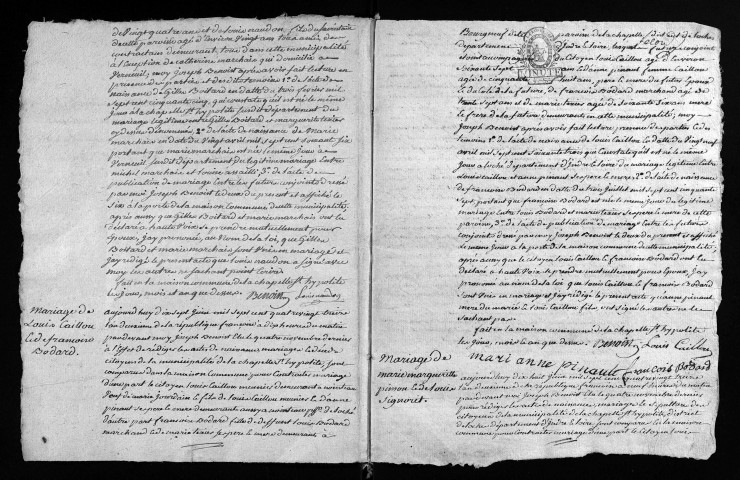 Mariages, 1793-ventôse an II - Les mariages de germinal à fructidor an II sont lacunaires dans cette collection