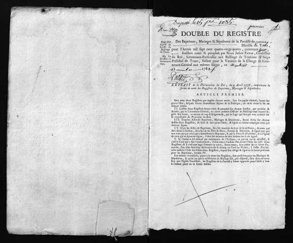 Collection du greffe. Baptêmes, mariages, sépultures, 1784