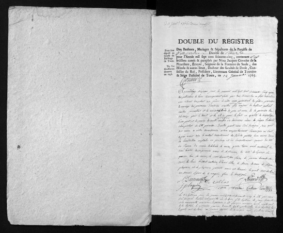 Collection du greffe. Baptêmes, mariages, sépultures, 1765