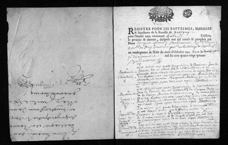 Baptêmes, mariages, sépultures, 1696 - L'année 1695 est lacunaire dans la collection du greffe