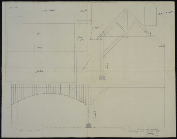 Plan de l'école communale de garçons avec portion de mur à construire (1878), plan de réparations à l'école des garçons (1892), plan de construction d'un préau à l'école de garçons (1907).