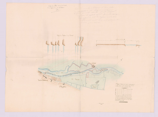 Plan du moulin d'Artannes et d'une portion des propriétés de M. Pasy en ce qui concerne la difficulté qui existe entre lui et M. Pelissier (19e siècle)