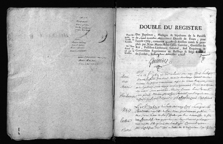 Collection du greffe. Baptêmes, mariages, sépultures, 1769