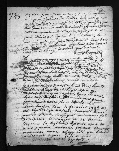 Collection du greffe. Baptêmes, mariages, sépultures, 1753