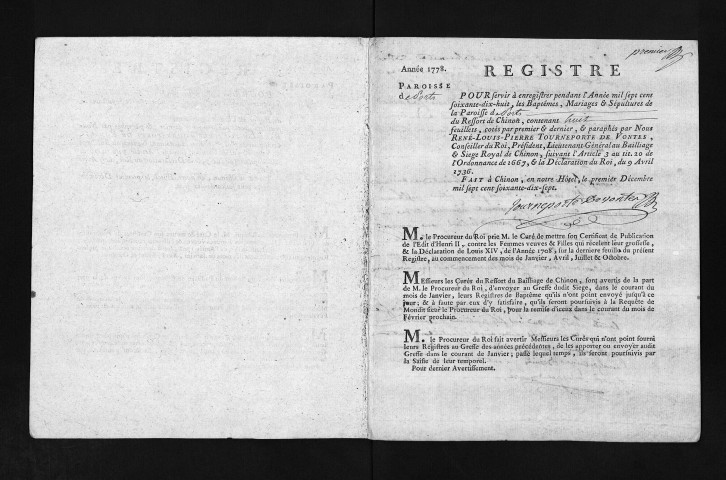 Collection du greffe. Baptêmes, mariages, sépultures, 1778