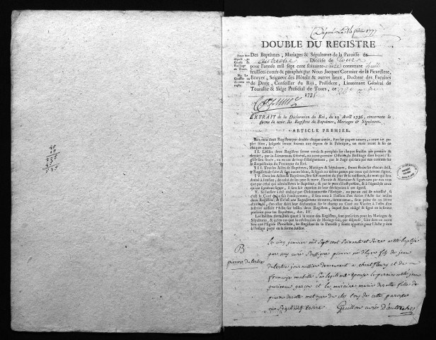 Collection du greffe. Baptêmes, mariages, sépultures, 1776