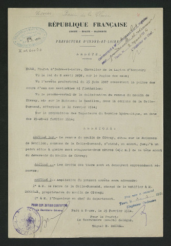 Arrêté préfectoral de délimitation du remous (25 février 1914)