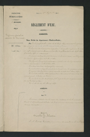 Arrêté portant règlement hydraulique des usines du ruisseau de la Tourmente (1er septembre 1852)