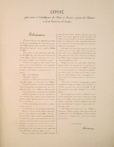 Le château et la forteresse de Loches en 1855 par Ferdinand Collet, architecte : album grand format de 12 plans aquarellés comportant une notice historique et une légende explicative.