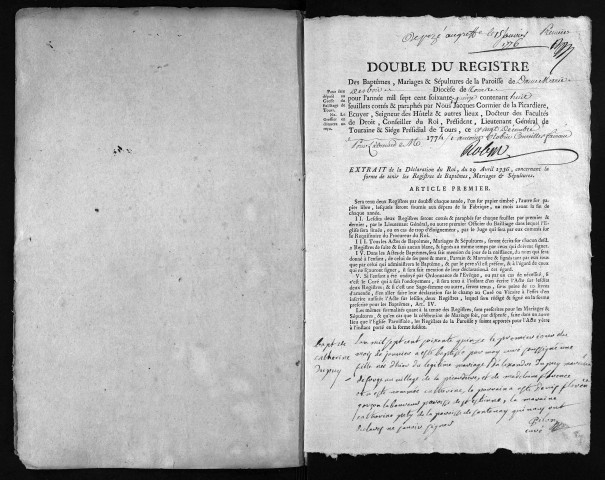 Collection du greffe. Baptêmes, mariages, sépultures, 1775