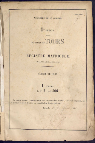Classe 1885. Matricules n°1-500