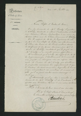 Arrêté préfectoral autorisant M. Conty à établie une troisième roue à son moulin des Rives (12 juillet 1833)