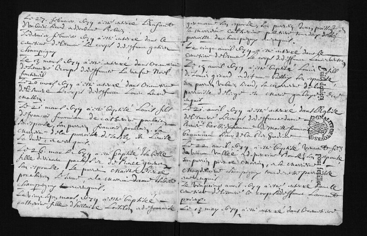 Collection du greffe. Baptêmes, mariages, sépultures, 1679 - L'année 1678 est lacunaire dans cette collection