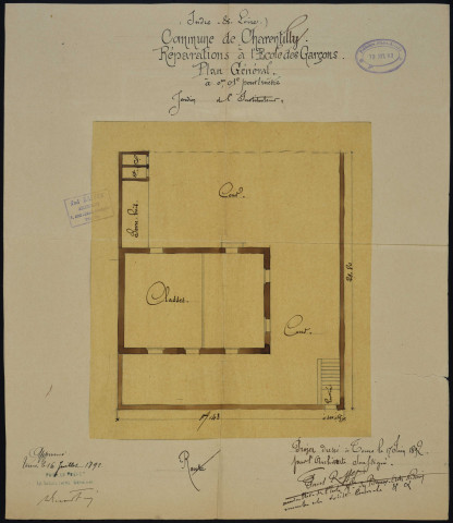 Plan de l'école communale de garçons avec portion de mur à construire (1878), plan de réparations à l'école des garçons (1892), plan de construction d'un préau à l'école de garçons (1907).
