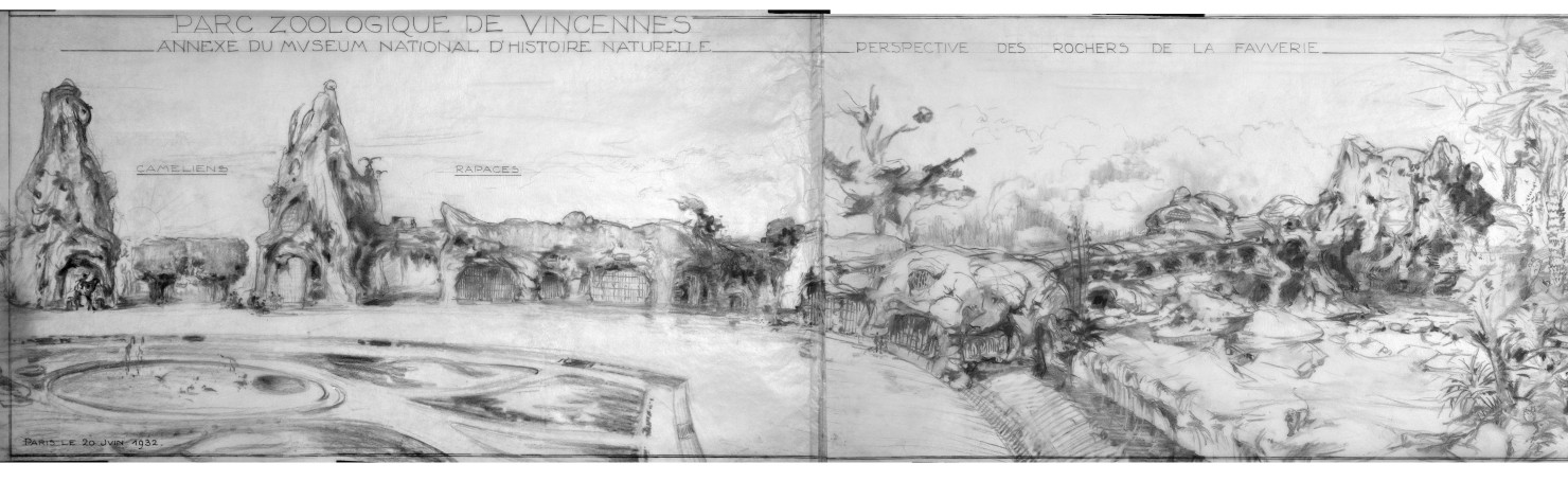 Projet d'aménagement du parc zoologique de Vincennes (annexe du Museum national d'histoire naturelle) : dessin, perspective des rochers de la Fauverie, caméliens et rapaces, 20 juin 1932.