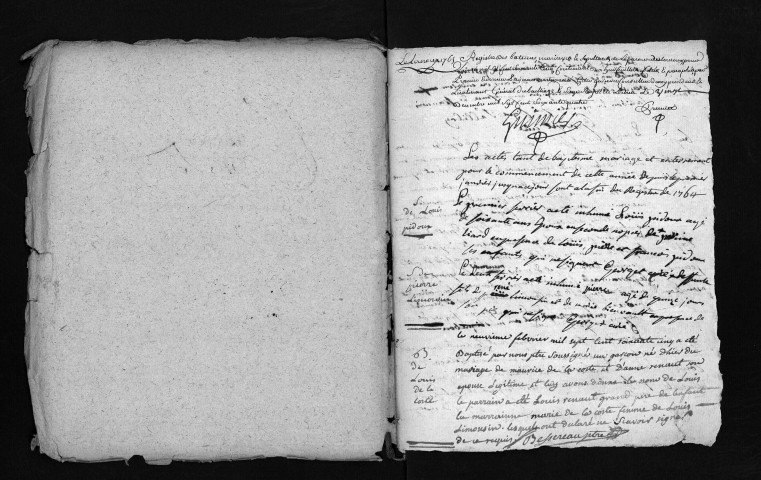 Collection du greffe. Baptêmes, mariages, sépultures, 1765