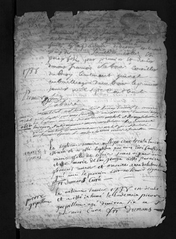 Collection du greffe. Baptêmes, mariages, sépultures, 1738-1739