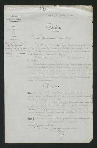 Arrêté portant modification du règlement général de la Ligoire concernant le niveau légal de la retenue du moulin de Mouzay (31 juillet 1856)