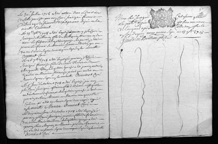 Collection du greffe. Baptêmes, mariages, sépultures, 1708 - Lacune juin 1708