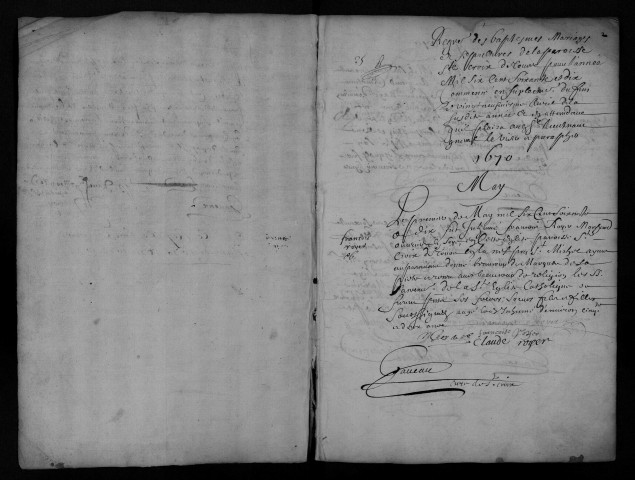 Collection communale. Baptêmes, mariages, sépultures, 29 avril 1670-2 janvier 1674 (ff. 1-81), 18 novembre 1674-2 mai 1677 (ff. 82-123)