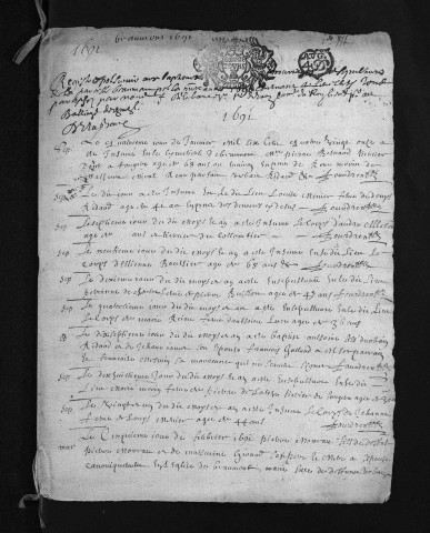 Collection du greffe. Baptêmes, mariages, sépultures, 1691