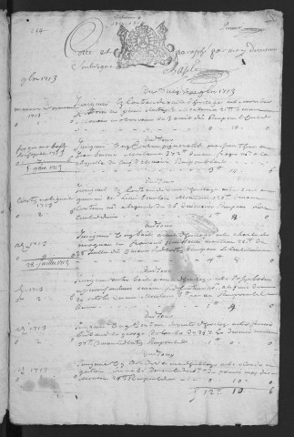 Centième denier (27 novembre 1713-24 septembre 1714) et insinuations suivant le tarif (1 février-27 août 1714)