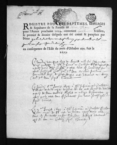 Baptêmes, mariages, sépultures, 1694