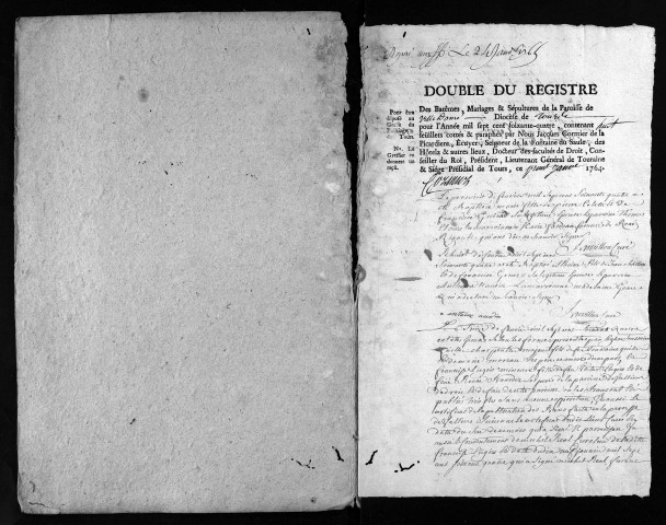 Collection du greffe. Baptêmes, mariages, sépultures, 1764