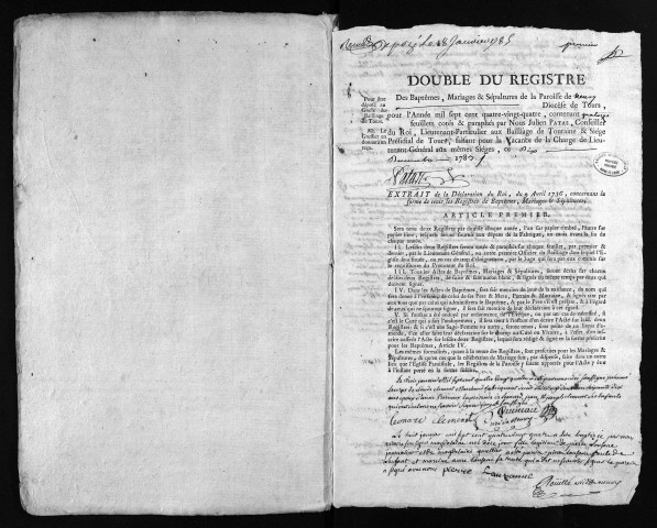 Collection du greffe. Baptêmes, mariages, sépultures, 1784