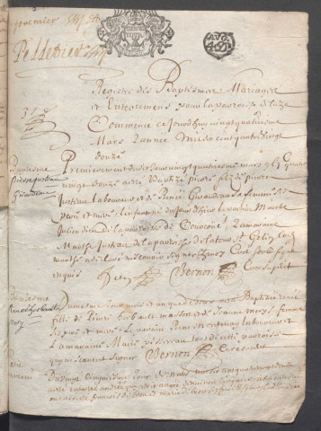 Collection communale. Baptêmes, mariages, décès, 1692-1694