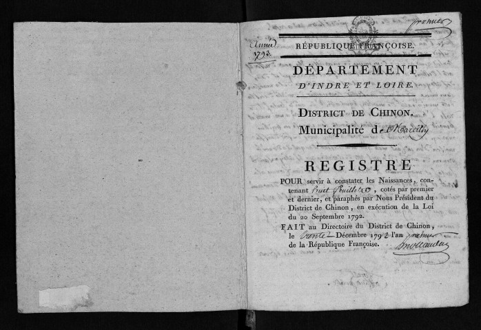 Naissances, mariages, décès, 1793-1806 - Pour les mariages de l'an VII et de l'an VIII, se reporter à la municipalité de canton (Sainte-Maure)